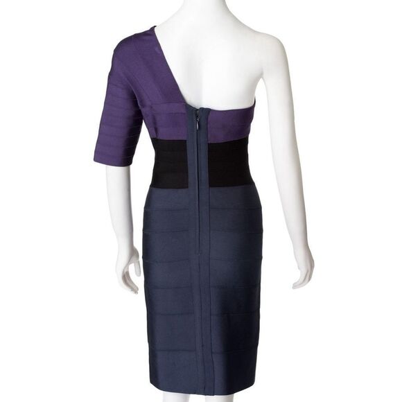 Herve Leger One-shoulder Tri-Colour Block Bandage Dress Size L - Picture 3 of 11